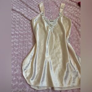 Silky Ivory Slip Dress with Lace Trim